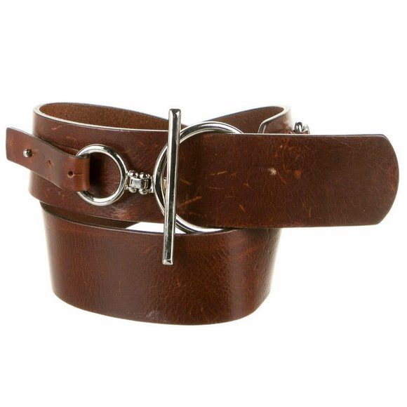 Rene Lezard Brown Leather Belt Size Medium 36 90 Silver Toggle Buckle Steampunk main image 7